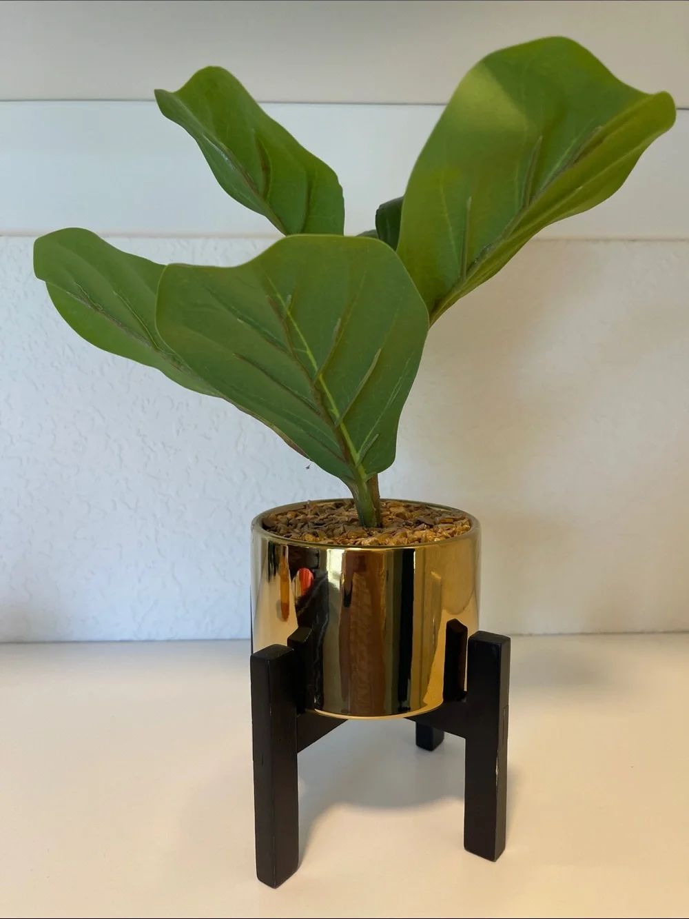 Gold Ceramic Planter with Black Wood Stand - Home Accents